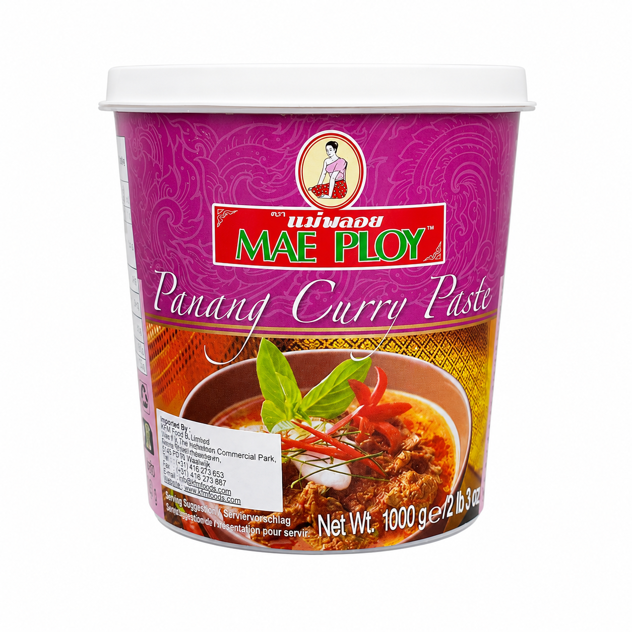 A 1000g of Mae Ploy Panang Curry Paste on a plain white background. The cup features a vibrant magenta-purple label with the red and green Mae Ploy brand logo, and an illustration of a prepared curry dish at the bottom.