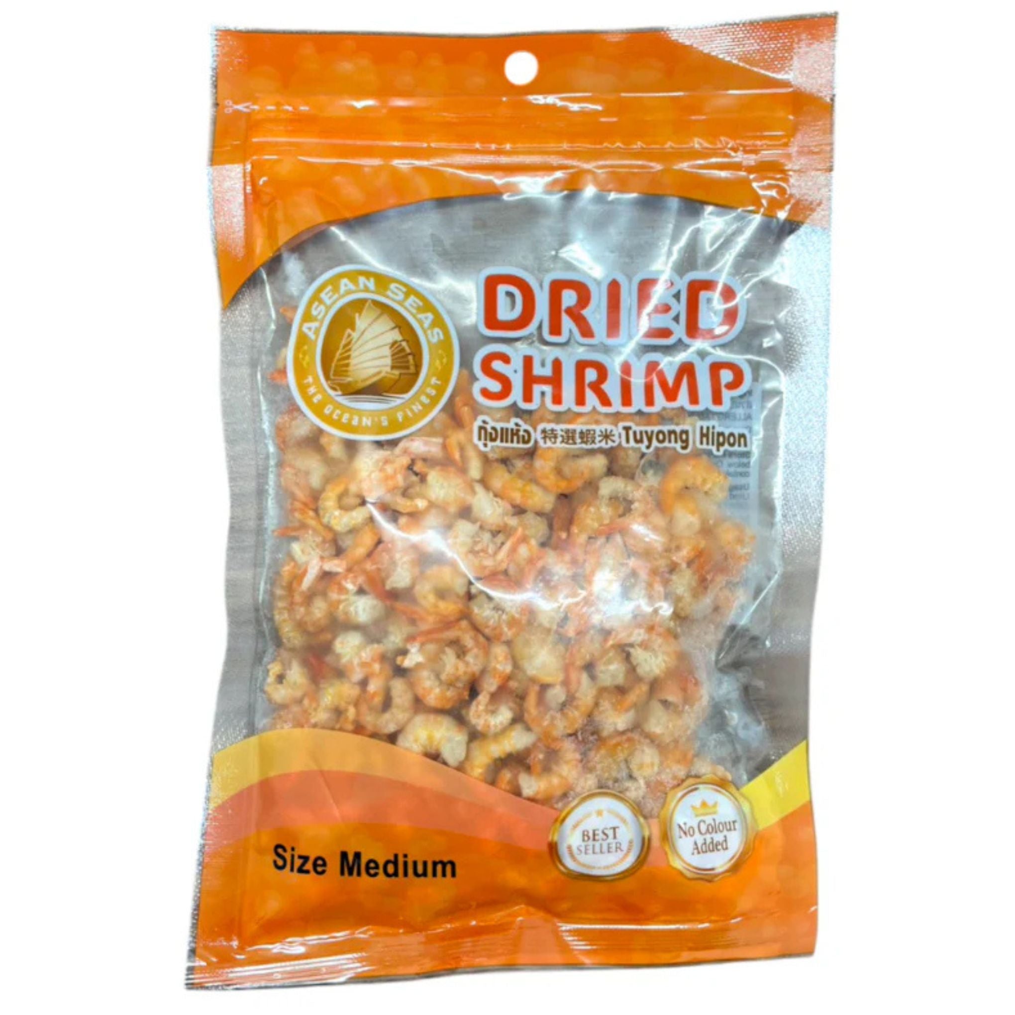 Packaged dried shrimp with orange and clear plastic packaging on a white background