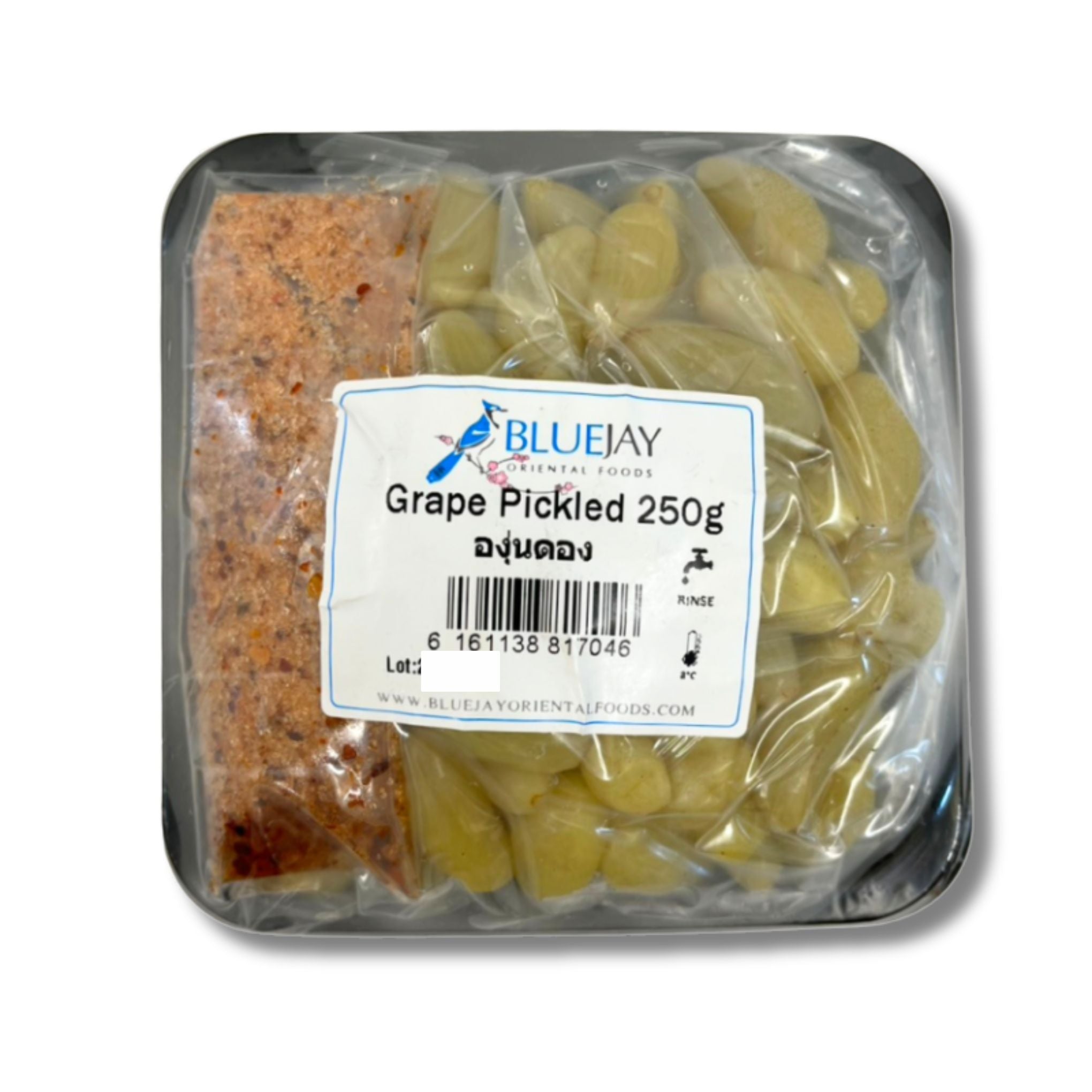 Packaged pickled grapes with a Bluejay label on a white background