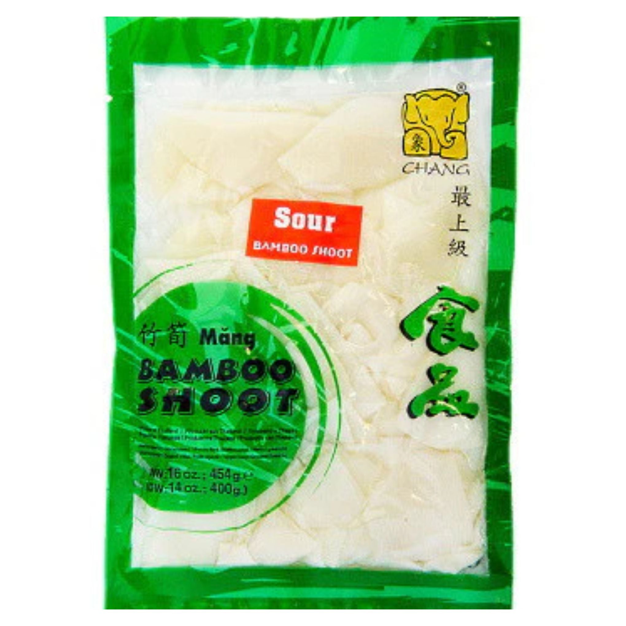 Packaged bamboo shoots with green and white design on a white background