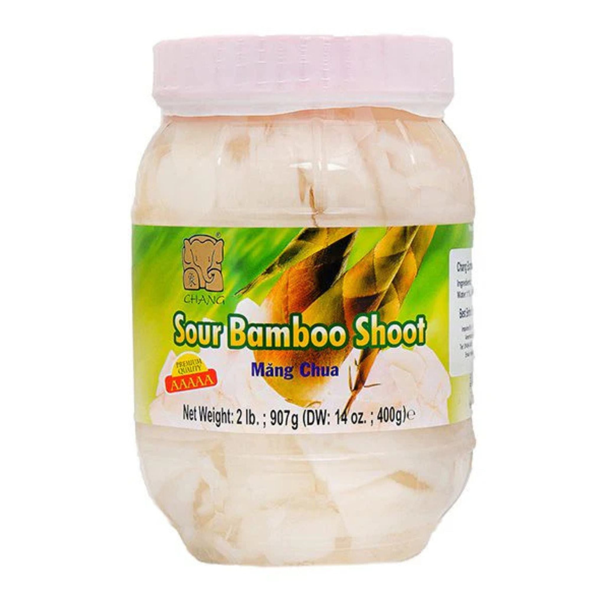 Jar of sour bamboo shoot with a white label on a white background